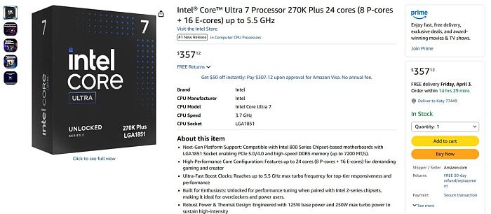 Новые процессоры Core Ultra 5 250K Plus и Core Ultra 7 270K Plus уже продаются с 17% наценкой