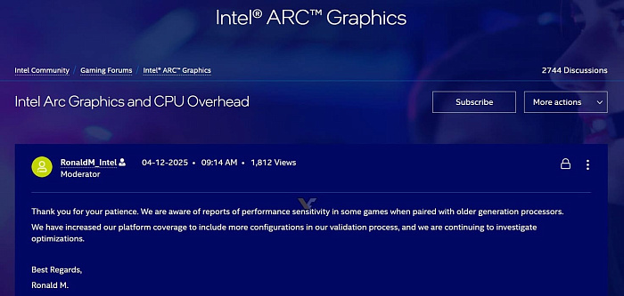 Intel исследует проблему со снижением производительности Arc B580 со старыми процессорами