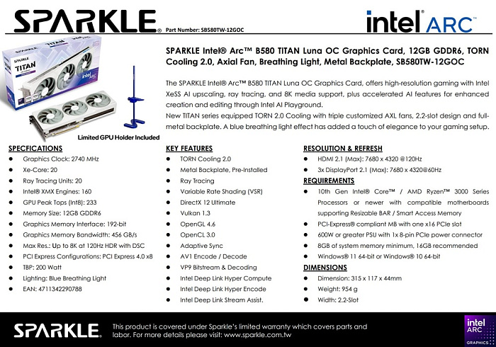 Sparkle выпустила видеокарту Arc B580 Titan Luna с белой печатной платой