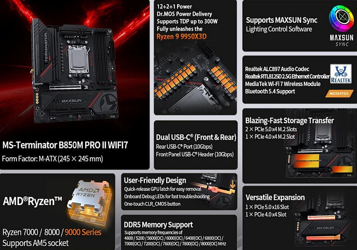 Плата MAXSUN MS-Terminator B850M PRO II WIFI7 может подавать на процессор до 300 Вт мощности