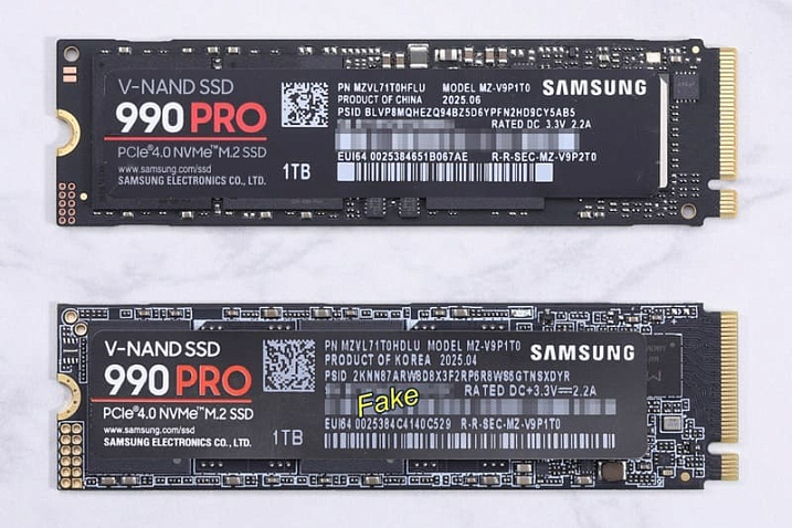 Поддельные накопители Samsung 990 PRO практически не отличить от оригинальных