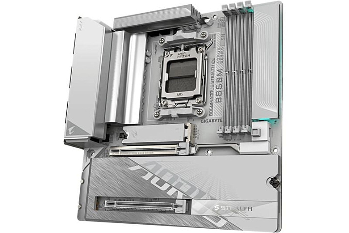 GIGABYTE B850M AORUS STEALTH ICE — компактная белая плата со скрытыми разъёмами
