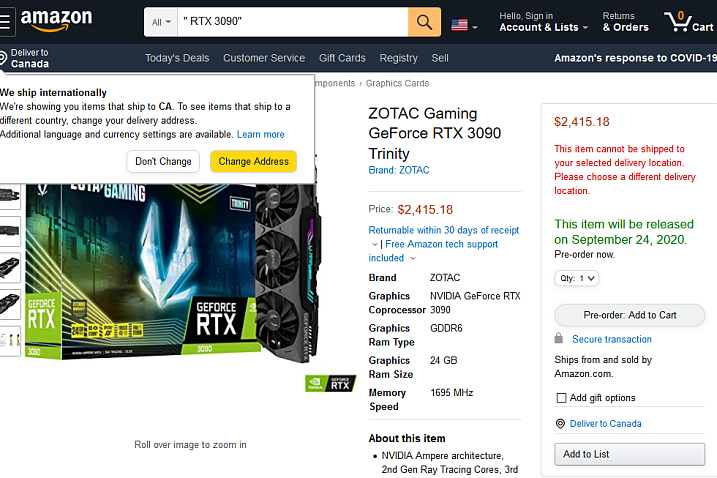Видеокарты ZOTAC GeForce RTX 3080 и RTX 3090 засветились в магазине Amazon