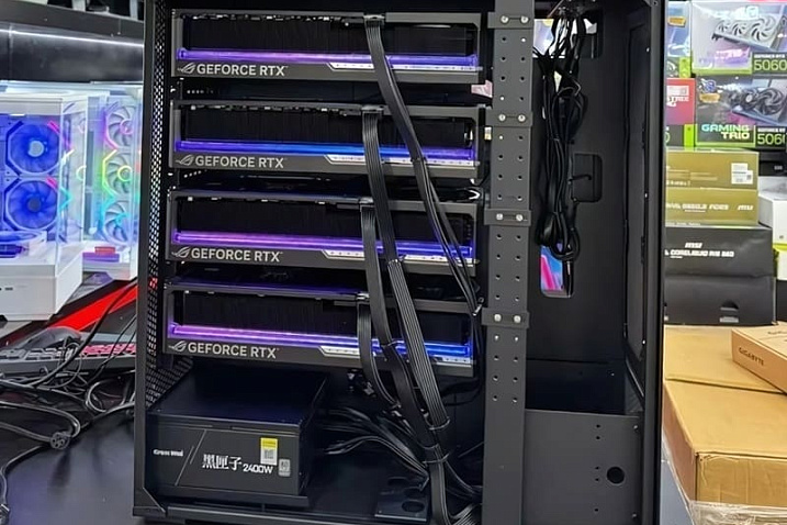 Четыре видеокарты ROG Astral RTX 5090 занимают всё пространство рабочей станции