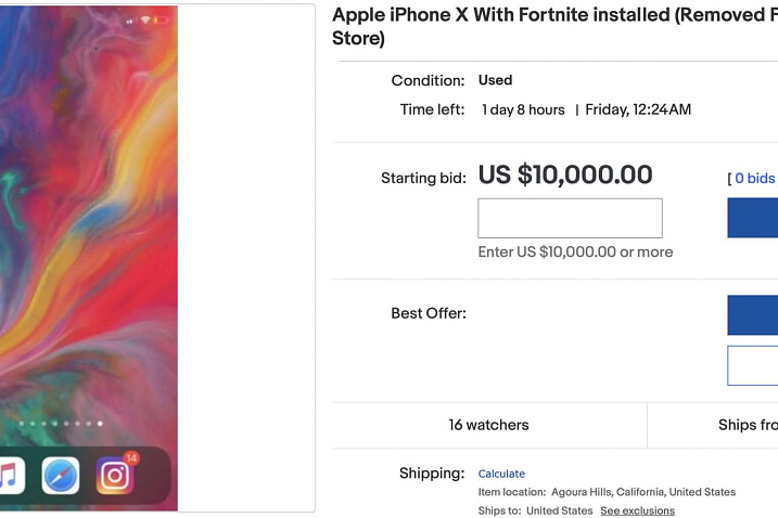 На eBay пытаются втридорого продать б/у iPhone с установленным Fortnite
