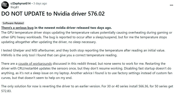 В драйвере NVIDIA 576.02 есть проблема с мониторингом температуры
