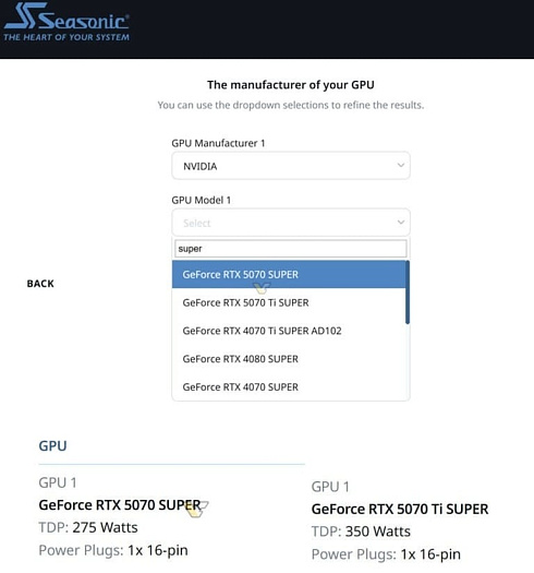 В калькуляторе мощности БП от Seasonic появились видеокарты NVIDIA RTX 5000 SUPER