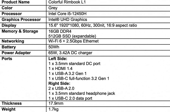 Colorful Rimbook L1 — простой ноутбук на основе процессора Intel Core i5-12450H