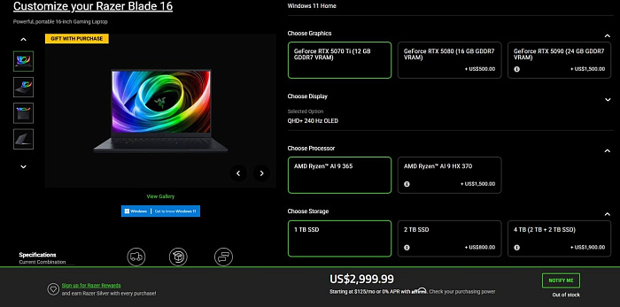 Razer оценила самую доступную конфигурацию ноутбука Blade 16 с RTX 5070 Ti в $3000