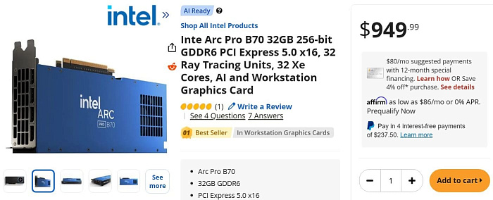 Intel Arc Pro B70 стала самой продаваемой профессиональной видеокартой
