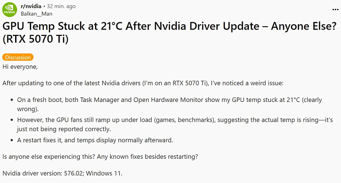 В драйвере NVIDIA 576.02 есть проблема с мониторингом температуры