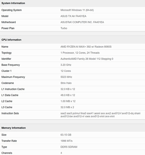 Мобильный AMD Ryzen AI MAX+ 392 идентичен настольному Ryzen 9 7900X в первом тесте Geekbench