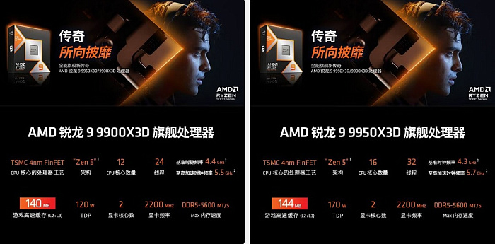 AMD Ryzen 9 9900X3D и Ryzen 9 9950X3D будут выпущены 12 марта