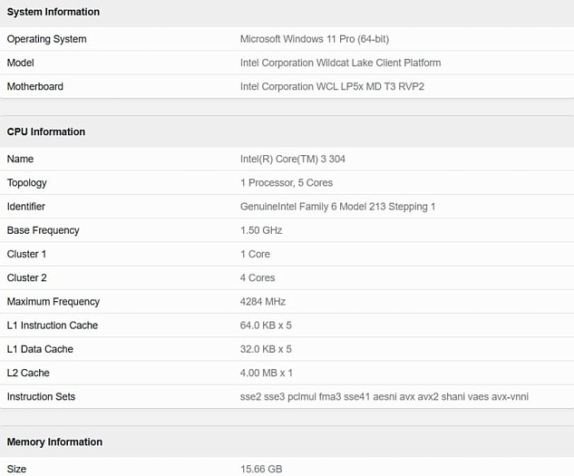 5-ядерный процессор Intel Core 3 304 семейства Wildcat Lake отметился в Geekbench