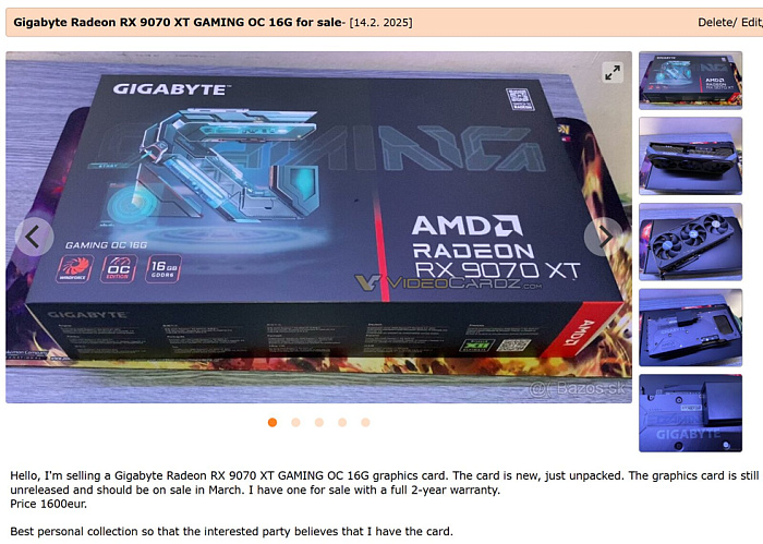 GIGABYTE Radeon RX 9070 XT уже продается на вторичном рынке за €1600