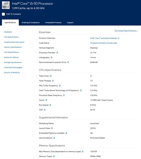 &ldquo;Новый&rdquo; процессор Intel Core i5-110 относится к семейству Comet Lake