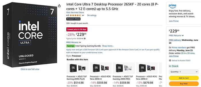 Intel продолжает снижать стоимость процессора Core Ultra 7 265K