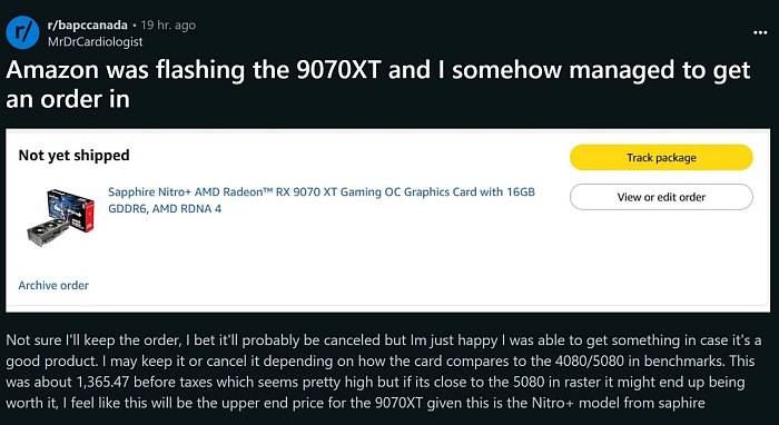 Первая SAPPHIRE Radeon RX 9070 XT NITRO+ была продана за $965    