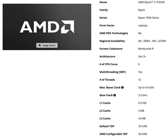 Мобильный процессор AMD Ryzen 5 7533HS предлагает шесть ядер на Zen 3+