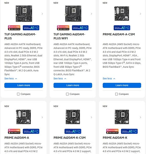 ASUS выпустила шесть материнских плат на основе бюджетного чипсета AMD A620A