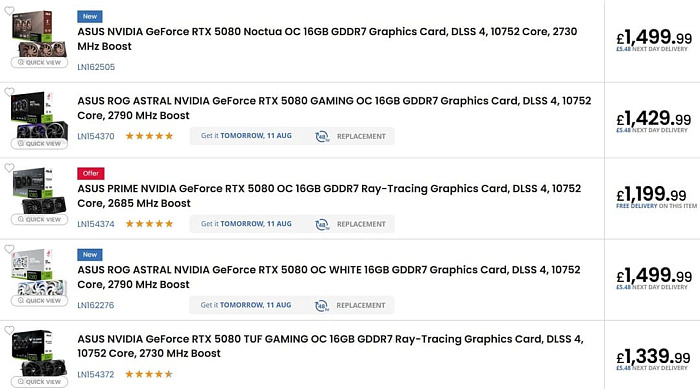 RTX 5080 Noctua OC Edition является самой дорогой версией RTX 5080 в ассортименте ASUS