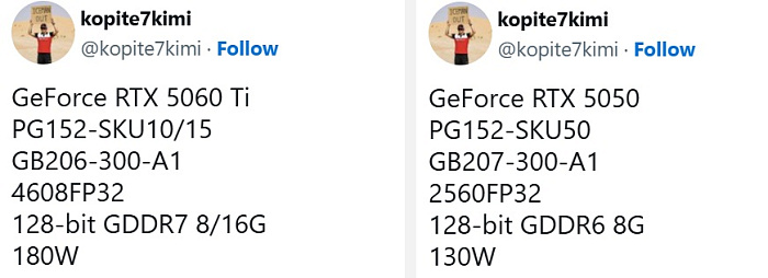 Подробные спецификации видеокарт GeForce RTX 5060 Ti и RTX 5050