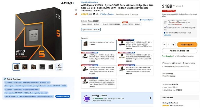 AMD Ryzen 5 9600X подешевел до $190 на фоне запуска Intel Core Ultra 5 250K Plus