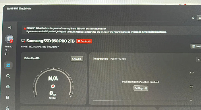 Поддельный накопитель Samsung 990 PRO работает со скоростью 20 Мбайт/с