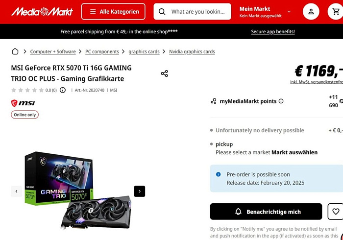 GeForce RTX 5070 Ti появилась в Австрии и Франции с ценником €1150  