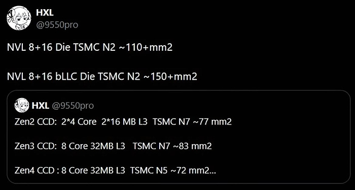 Слух: процессоры Intel Nova Lake с bLLC будут на треть больше простых моделей Слух: процессоры Intel Nova Lake с bLLC будут на треть больше простых моделей