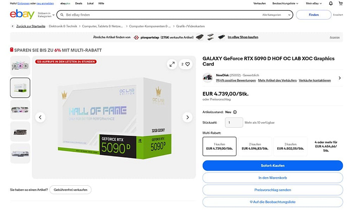 GALAX RTX 5090D HOF OC LAB XOC с двумя 12V-2x6 продаётся на eBay по цене двух RTX 5090