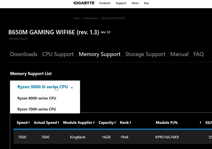 GIGABYTE указывает на поддержку Ryzen 9000G своими платами на чипсете B650