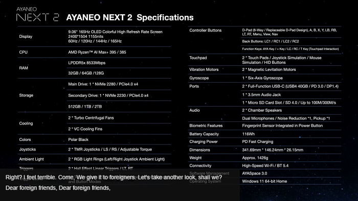 Портативная консоль AYANEO NEXT 2 с Ryzen AI MAX+ 395 весит почти 1.5 килограмма