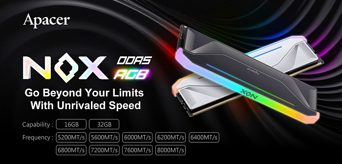 Apacer выпустила модули памяти NOX RGB DDR5 со скоростью до 8000 MT/s