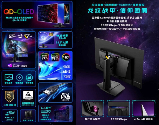 MSI MPG 322URX полагается на матрицу QD-OLED и DisplayPort 2.1a с UHBR20