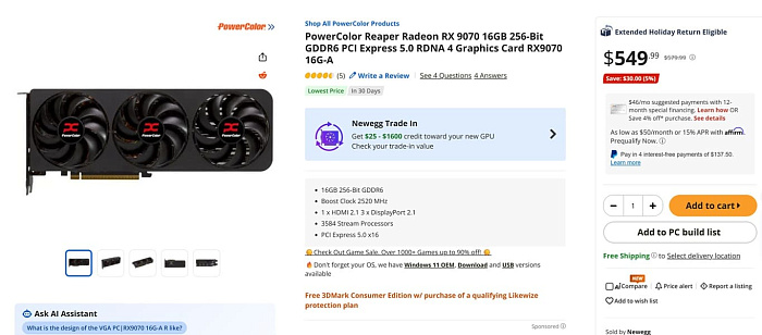 Стоимость видеокарт AMD Radeon RX 9070/XT достигла рекомендованного значения