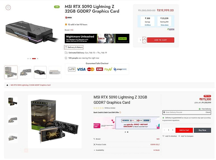 Премиальную MSI GeForce RTX 5090 Lightning Z можно найти в индийской рознице за $9000