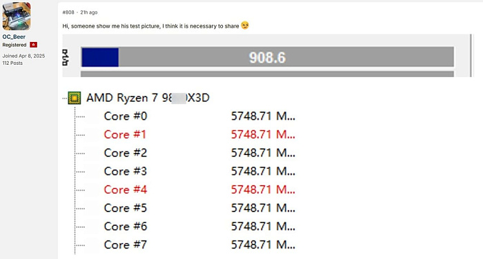 Разгон позволил AMD Ryzen 7 9850X3D достичь 5.75 GHz на всех ядрах