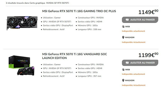 GeForce RTX 5070 Ti появилась в Австрии и Франции с ценником €1150  