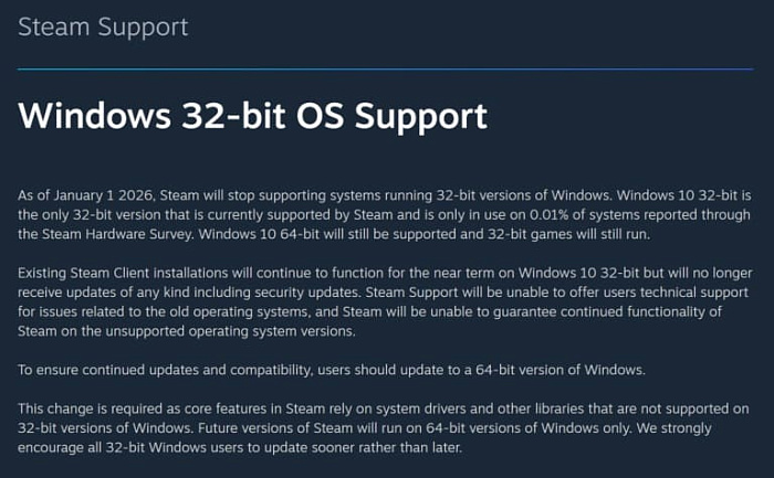 Steam полностью откажется от 32-битных операционных систем в первый день 2026 года