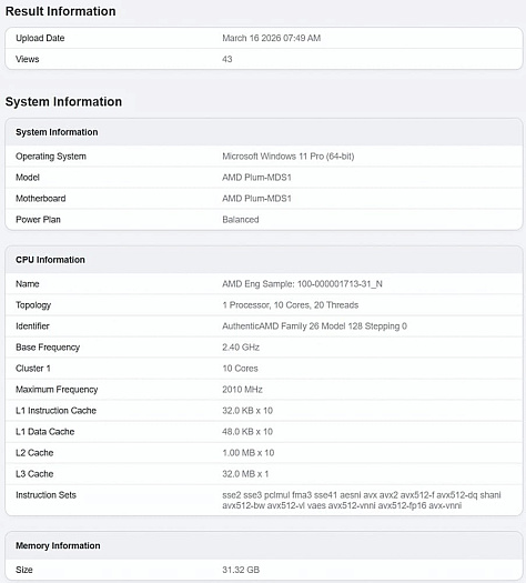 10-ядерный процессор AMD Medua Point на Zen 6 замечен в базе данных Geekbench