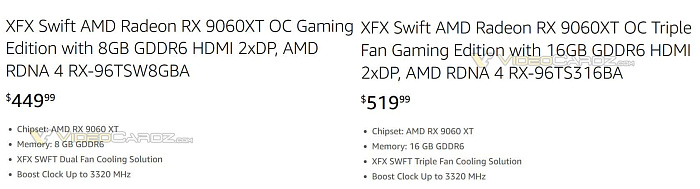 XFX подтвердила ценники Radeon RX 9060 XT с 8 и 16 Гбайт памяти