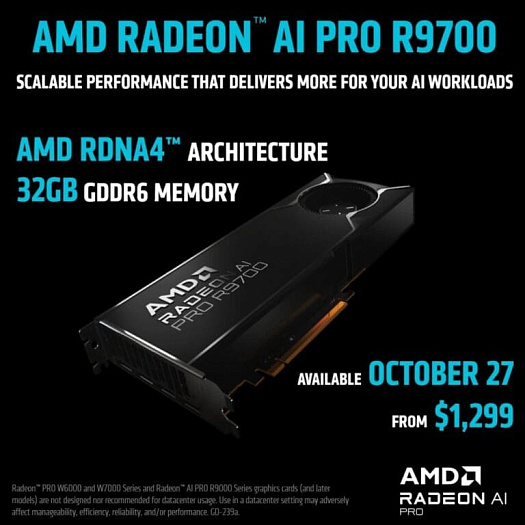 AMD Radeon AI PRO R9700 официально поступит в продажу 27 октября по цене $1300