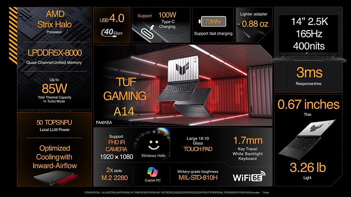 CES 2026: игровой ноутбук ASUS TUF Gaming A14 получил конфигурацию с AMD Ryzen AI MAX+ 392