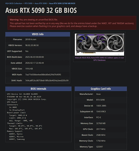 Ещё одна утечка XOC vBIOS видеокарты ASUS ROG Astral RTX 5090 с лимитом питания 2000 Вт
