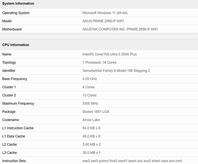 Core Ultra 5 250K впервые продемонстрировал возможности в Geekbench