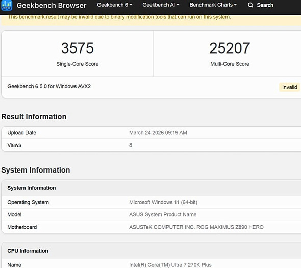 Бенчмарк Geekbench не считает валидными тесты с процессорами Intel Core Ultra 200S/HX Plus