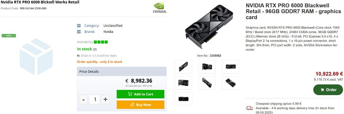 NVIDIA RTX PRO 6000 появилась в продаже за €9000