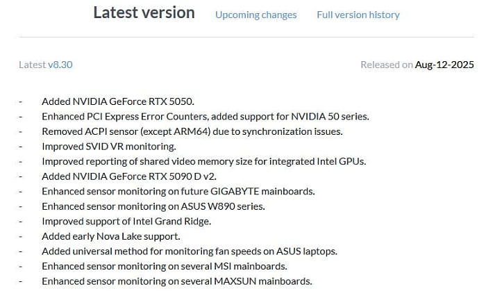  Утилита HWiNFO научилась работать с GeForce RTX 5090D v2, RTX 5050 и Intel Nova Lake