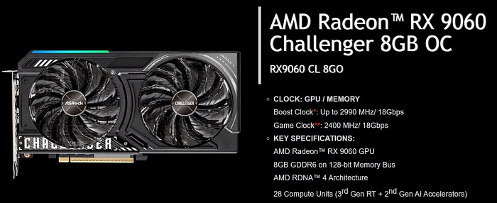 Разгон без разгона: ASRock RX 9060 Challenger OC работает с эталонной частотой
